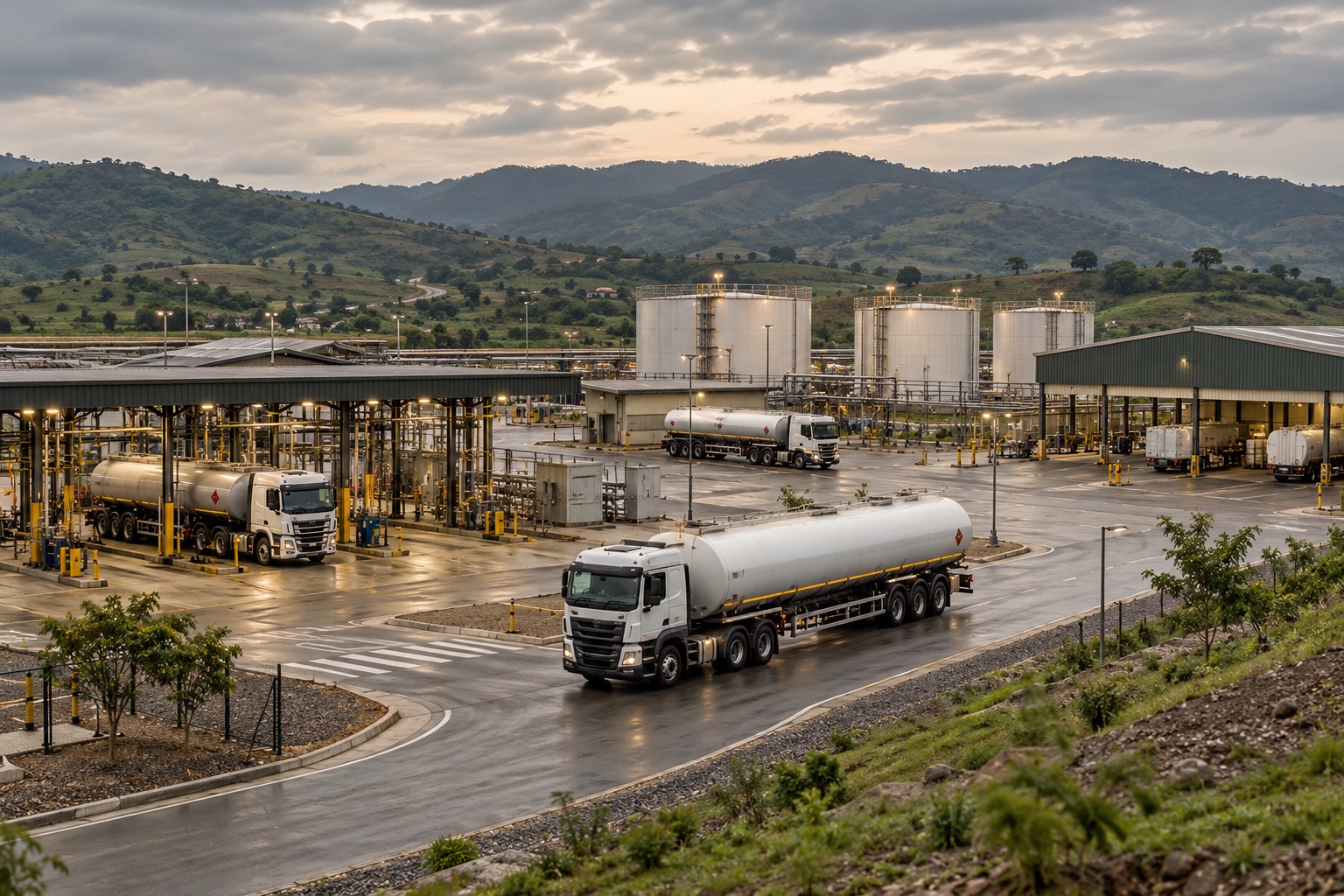Inland logistics terminal with tanker trucks and storage facilities